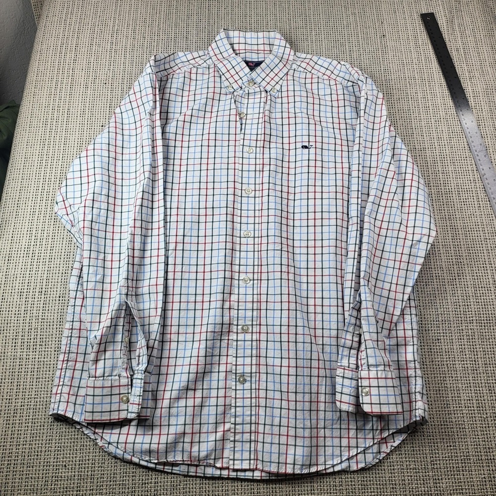 Vineyard Vines Whale Shirt Mens Large White‎ Check Long Sleeve Button Front
